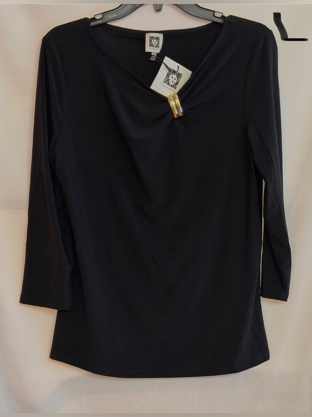 Anne Klein Black Long-Sleeve Top with Gold Ring Accent